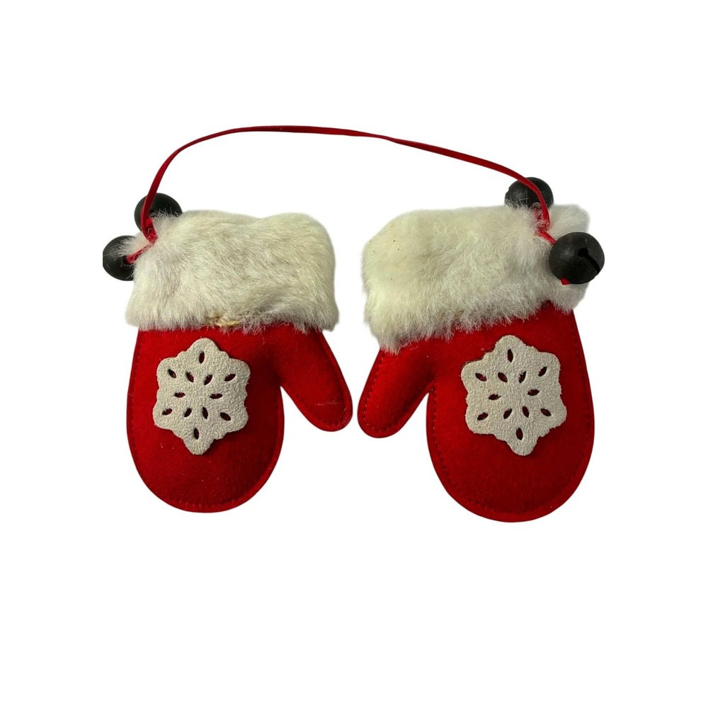 Christmas Mitten Garland Red White Faux Fur Snowflake Bells Holiday Decor Set